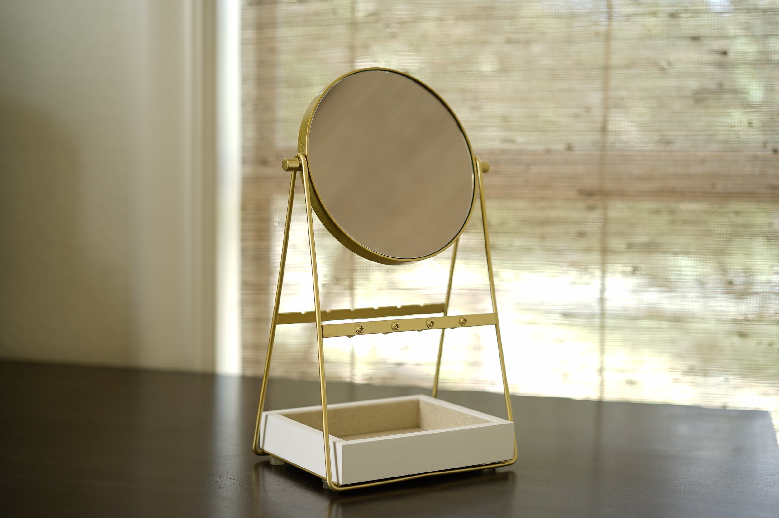 Hives and Honey Lina Adult Gold Round Mirror with Jewelry Storage - White