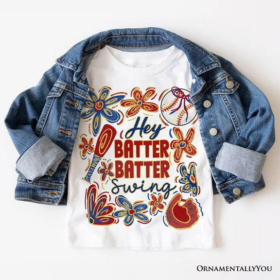 Hey Batter Batter Swing T-Shirt, Retro White and Natural Baseball Tee with Floral Accents