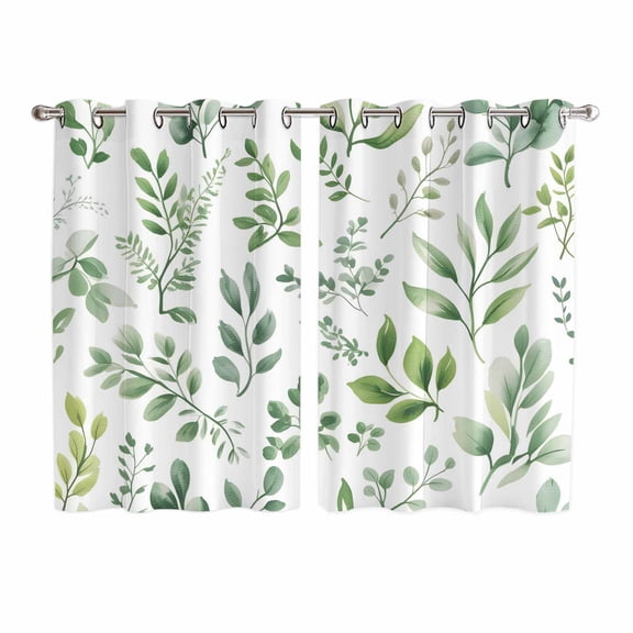 Eucalyptus Leaves Kitchen Curtains Window Panels, Sage Green Watercolor Farmhouse Insulated Window Treatment Curtain, Grommet Curtains for Bedroom/Living Room/Bathroom, 2 Piece 52"Wx72"L