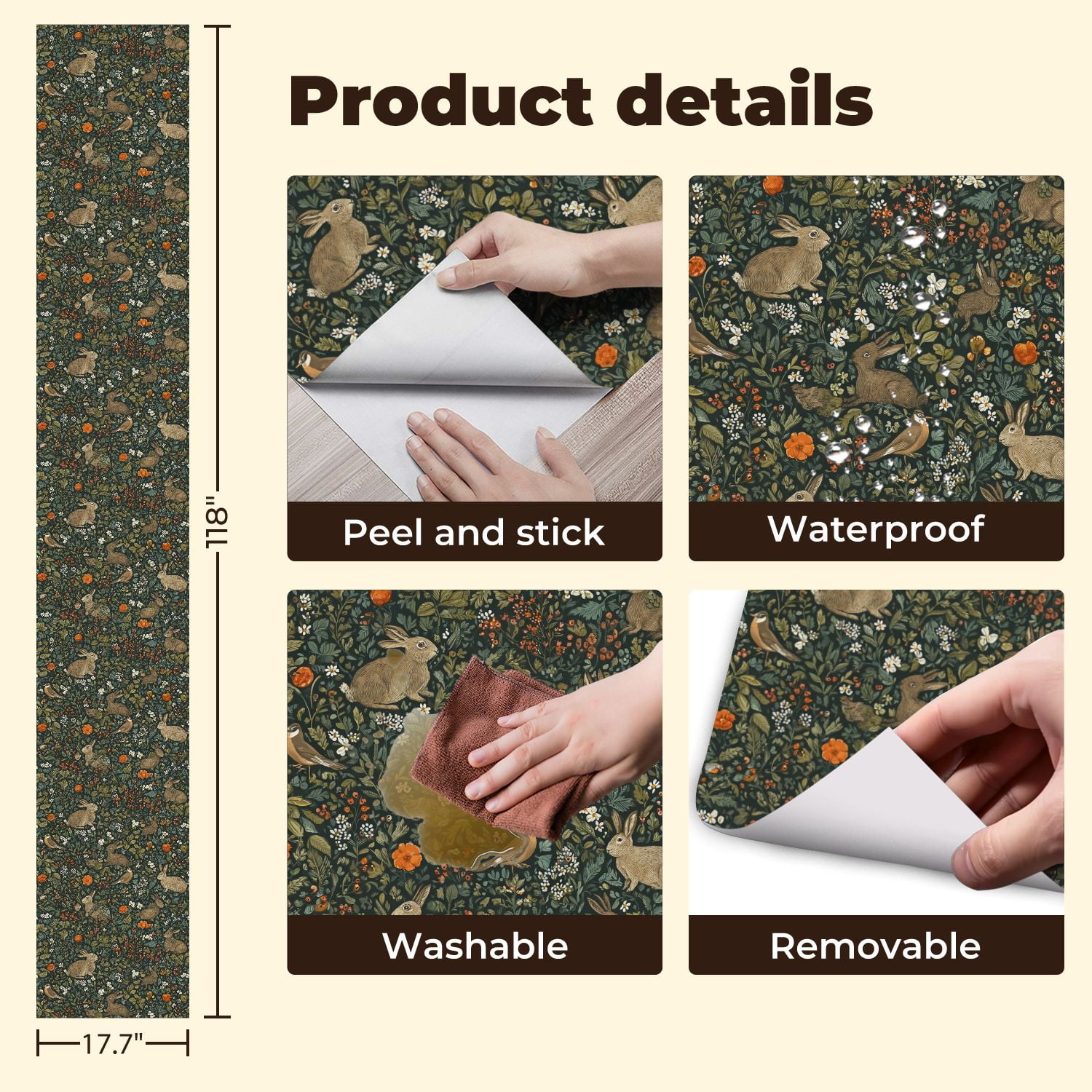 Hunt Peel and Stick Wallpaper 17.7in x 9.8ft Whimsical Floral Hares Birds Earthy Tones Contact Paper Vinyl Waterproof Self Adhesive Wall Paper for Bedroom Shelf Cabinet Renter Friendly