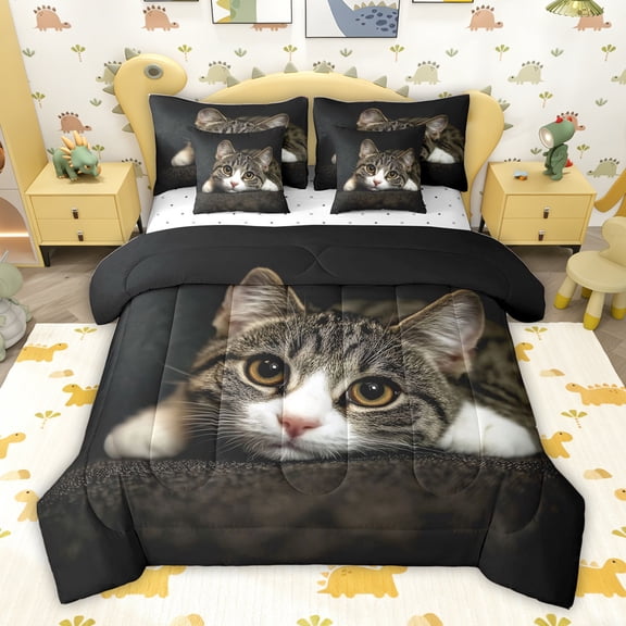 jejeloiu Cute Cat Animals 7pcs Bedding Comforter Set,Gray White Kitten Queen Bedding Sets For Girls Teens Reversible