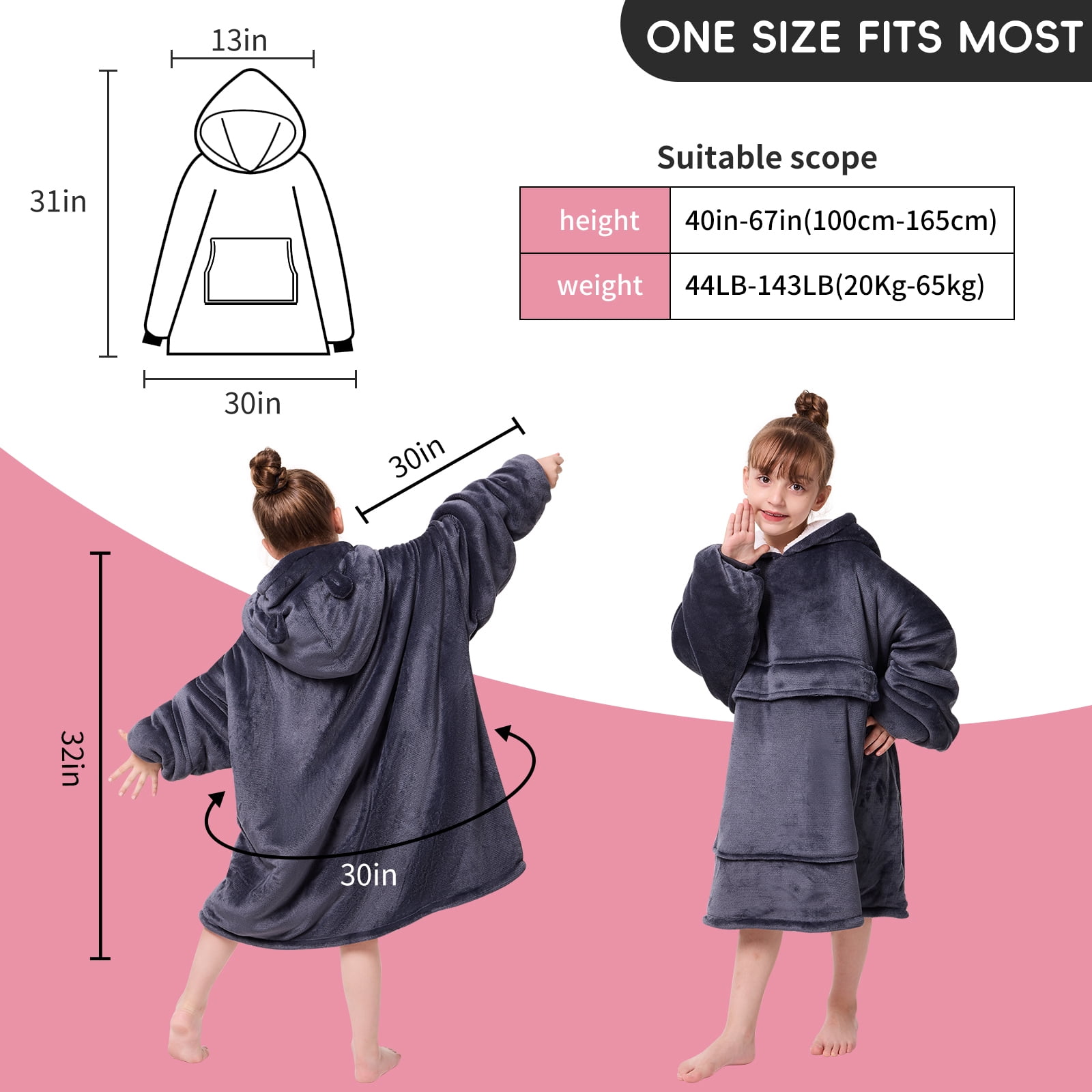 PMONPA Wearable Blanket Hoodie for Kids, Soft Double Layer Sherpa Fleece Sweatshirt,Teen Gifts for Kids, Youth, Boys, Girls, One Size, Gray