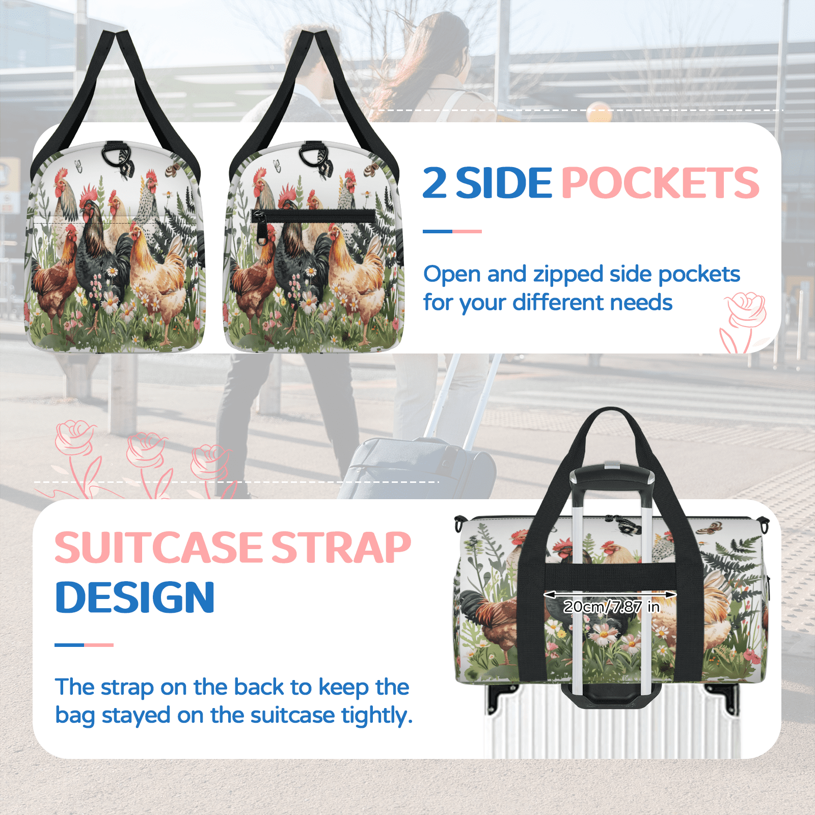 Herdesigns Funny Roosters Chickens Travel Duffle Bag Sports Yoga Weekender Overnight Carry on Workout Bags Lightweight Waterproof Gym Tote Bag for Women