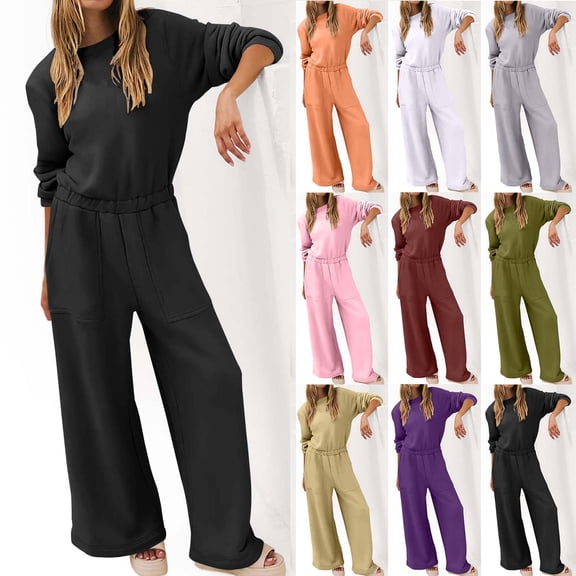Elastic Waist Jumpsuit with Pockets, Women's Solid Color Round Neck Loose Fit Romper Overalls, Casual Lounge Wear One Piece, Summer Travel Outfit, Birthday Gifts for Women