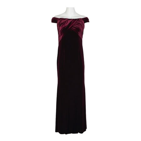 Adrianna Papell Off Shoulder Pleated Front Zipper Back Velvet Dress-DARK BURGUNDY / 12