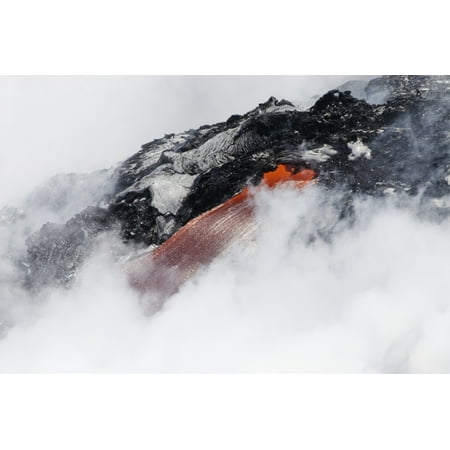 USA Hawaii Big Island Steam cloud nearly hiding red hot lava flow pouring into Pacific Ocean Hawaii Volcanoes National Park Stretched Canvas - Dave Fleetham  Design Pics (17 x