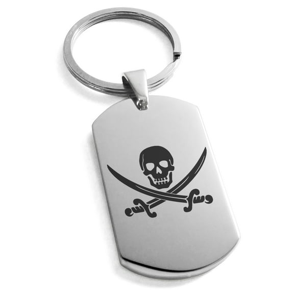Stainless Steel Pirate Skull & Swords Engraved Dog Tag Keychain Keyring