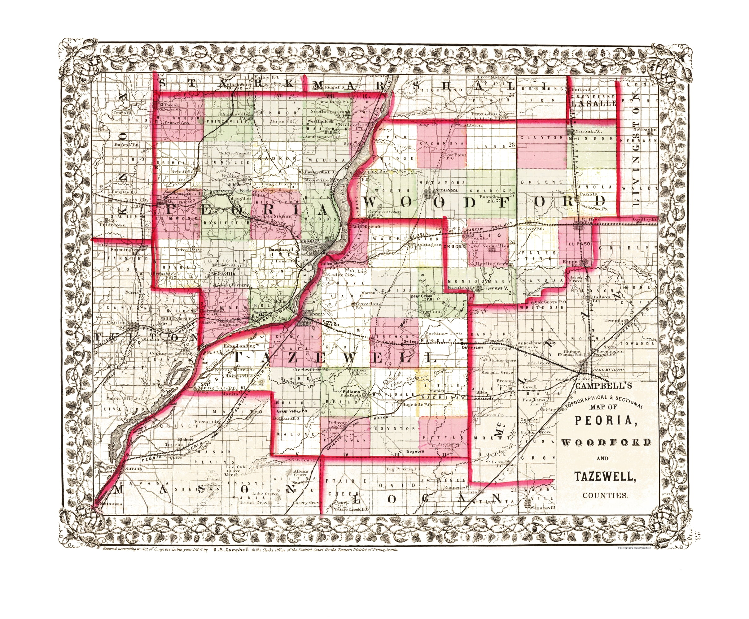 Peoria Woodford Tazewell Counties Illinois - Campbell 1870 - 23.00 x 27.81  - Matte Canvas - Walmart.com
