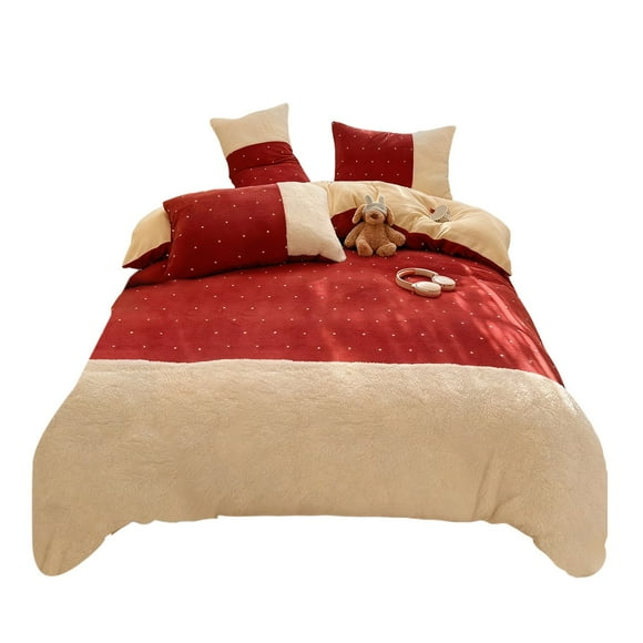 B Ensemble de Literie 4 Pcs en Velours Lait et Laine d'Agneau Drap-Housse Taies d'Oreiller et Housse de Couette Épais Chaud Couette Double Face pour Lit Noël Fêtes Déco Maison
