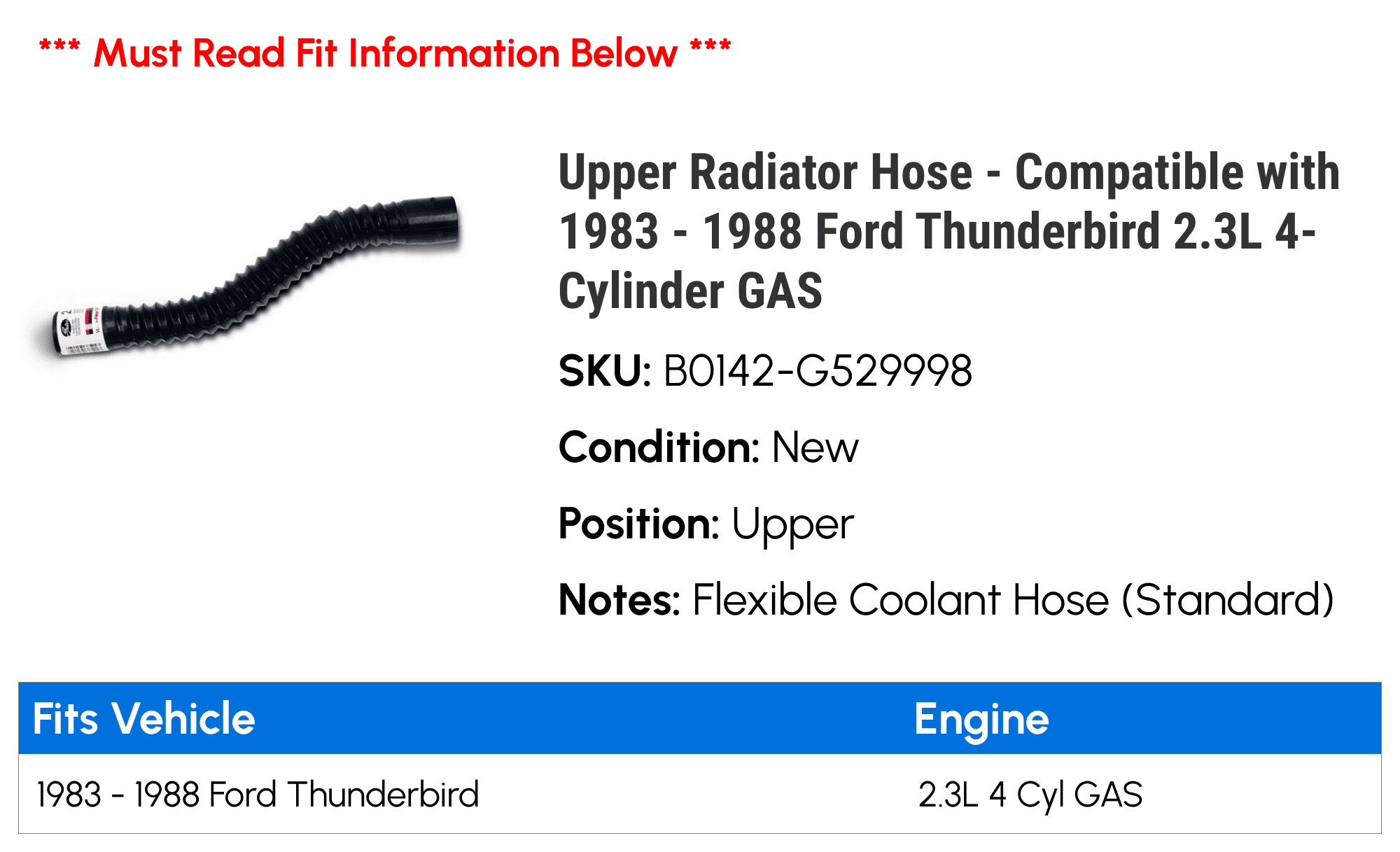 Upper Radiator Hose - Compatible with 1983 - 1988 Ford Thunderbird 2.3L 4-Cylinder GAS - Gates