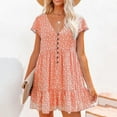 thumbnail image 2 of Prolriy Robes Printemps Été pour Femmes 2025 Robes d'Été à Manches Courtes à Fleurs Col en V Boutonnée Robes Courtes pour Femmes, Robes pour Femmes Orange L, 2 of 6