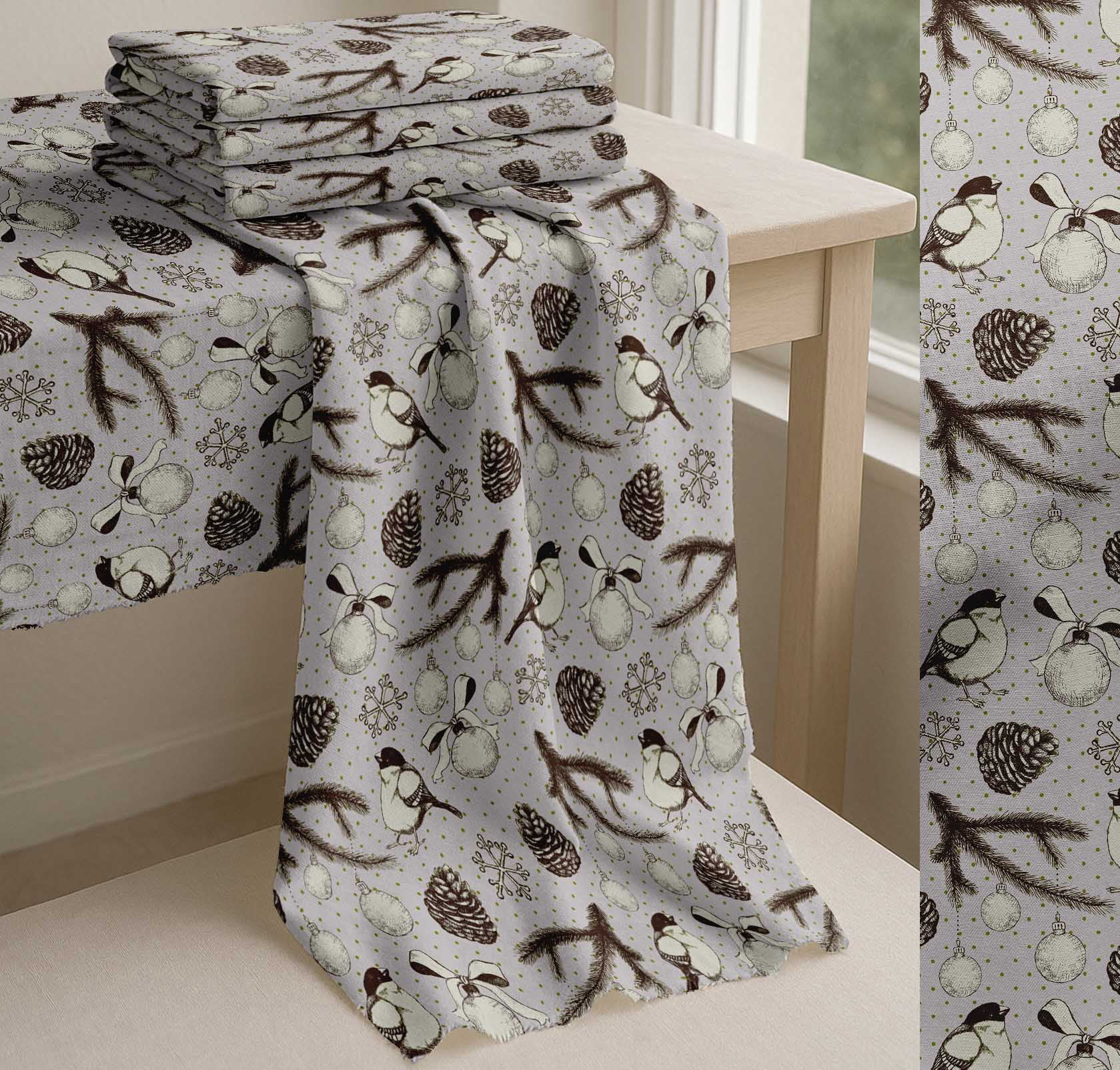 Soimoi Gray Cotton Voile Fabric American Robin & Baubles Christmas Printed Fabric 1 Yard 56 Inch Wide