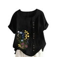 thumbnail image 2 of HOMBOM Womens Summer Tops Button Cotton Linen Black Crewneck Floral Short Sleeve T Shirts for Ladies, 2 of 5
