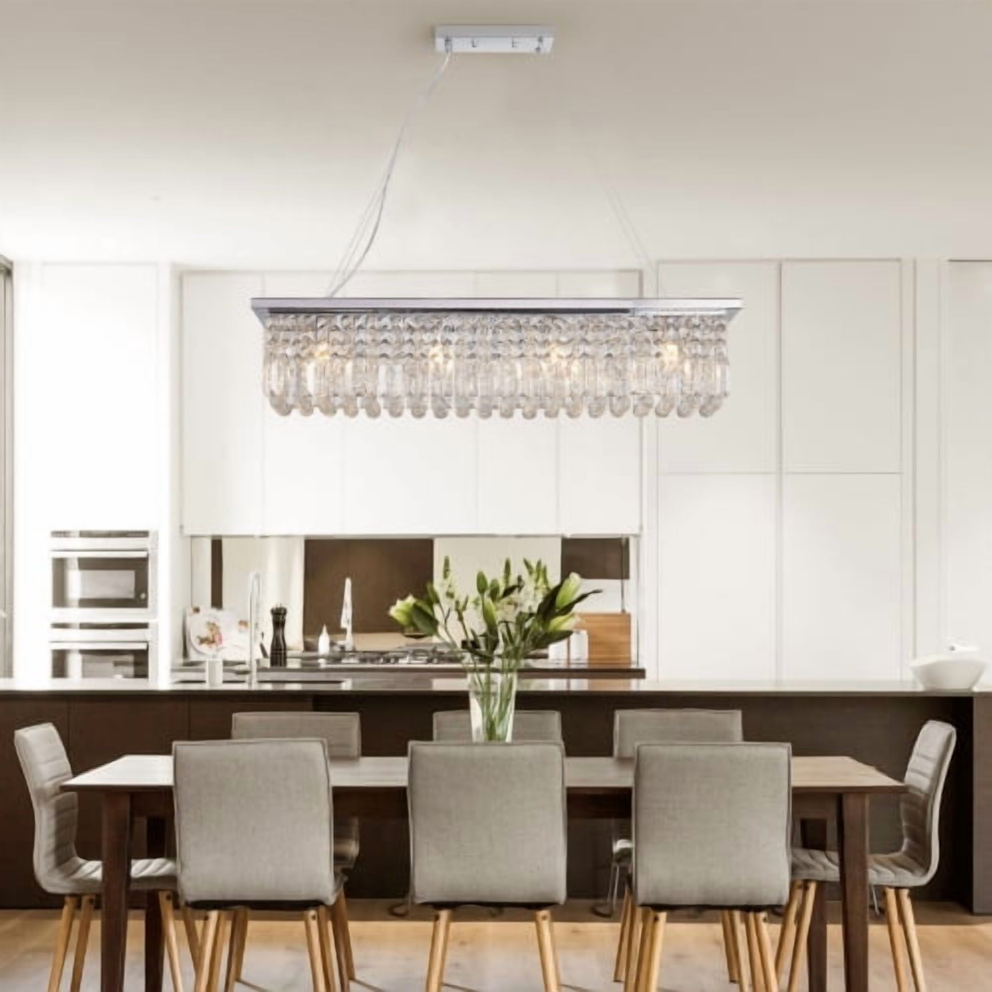 ACE-LIGHTS,Modern Crystal Chandelier,8-Light Chrome Rectangle Raindrop Chandelier(Bulb Not Included),Contemporary Rectangular Pendant Light Fixture for Living Room,Dining Room,Kitchen,Bedroom(Chrome)