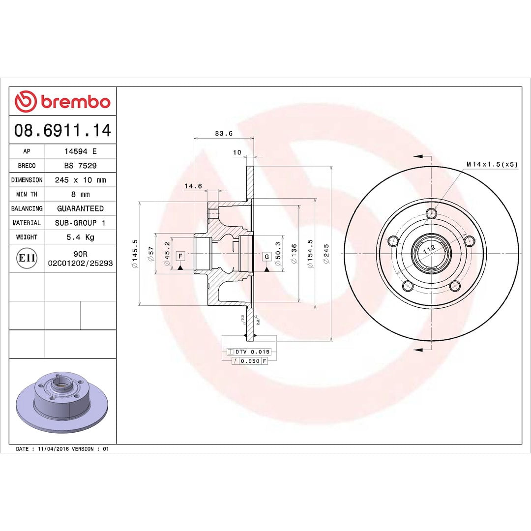 Brembo KT04208; Brake Kit; Low-Metallic Brake Pads; 245 Millimeter Standard Solid High Carbon Cast Iron One Piece Rotor; With Rotors/ Pads/ Anti-Rattle Spring/ Mounting Hardware
