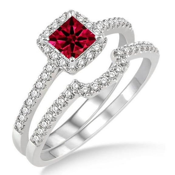 2.50 Carat Red Ruby Halo 6mm Princess Cut Moissanite Diamond Bridal Set on 10k White Gold