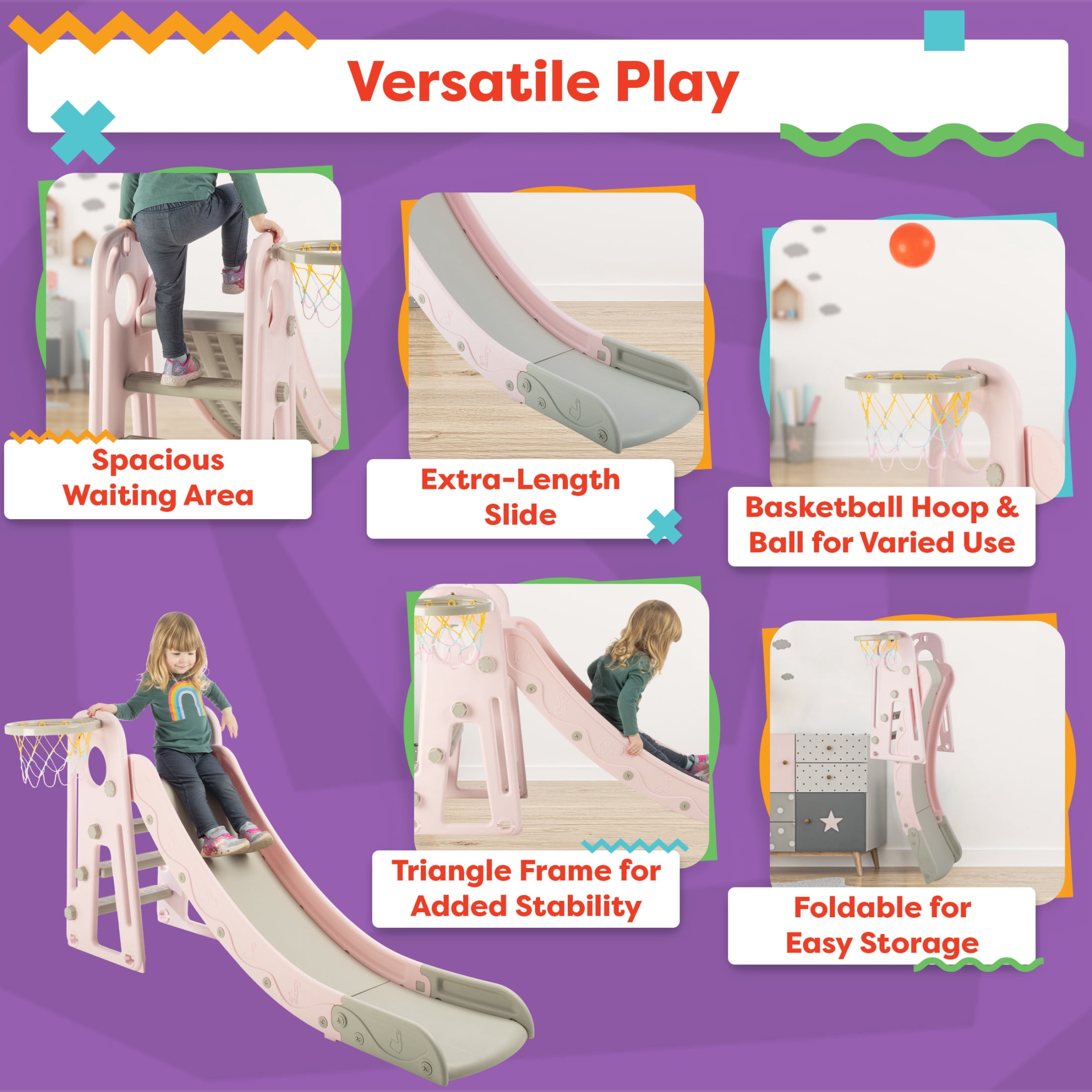 Hey Play Indoor/Outdoor Toddler Slide with Basketball Hoop and Ball (Pink)