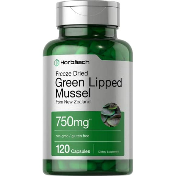 Mejillón de labios verdes Horbäach | 750 mg | 120 Cápsulas | de Nueva Zelanda | Mejillón en polvo liofilizado premium | Sin OGM y sin gluten