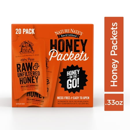 Nature Nate’s 100% Pure Raw & Unfiltered Honey; Small Honey Packets in Bulk (10 mL/PKT); 20 Count Box; Enjoy Honey’s Balanced Flavor, Just as Nature Intended; Fresh, Convenient and Easy to Carry Snack