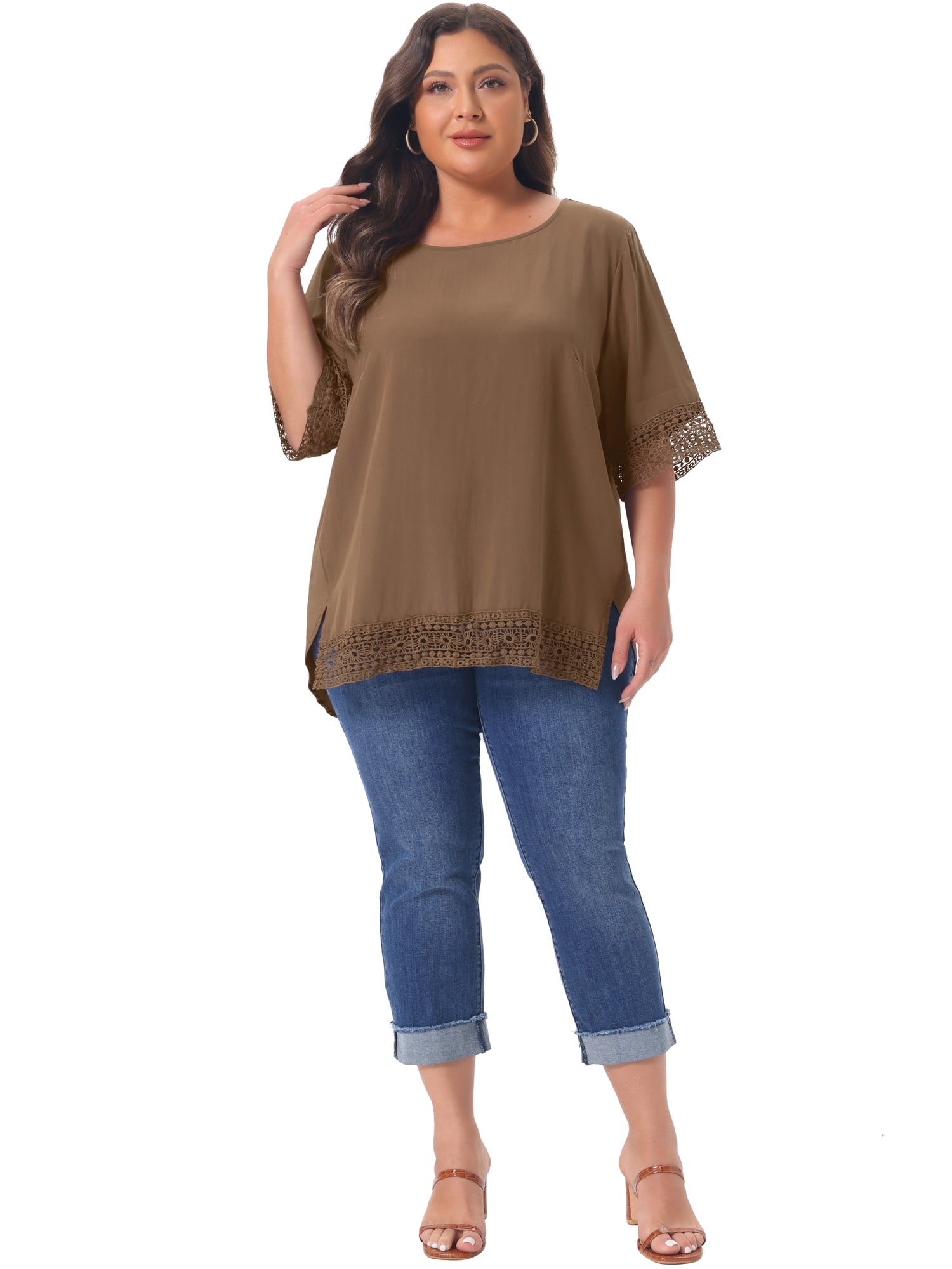 DARING DIVA Women's Plus Summer Tops Lace Crochet  Casual Cowl Neck Blouses 1X Dark khaki