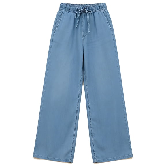 Yuanlook Women's Drawstring Waist Tencel Denim Wide Leg Pants, Casual Loose Fit Trousers, S-XXXL