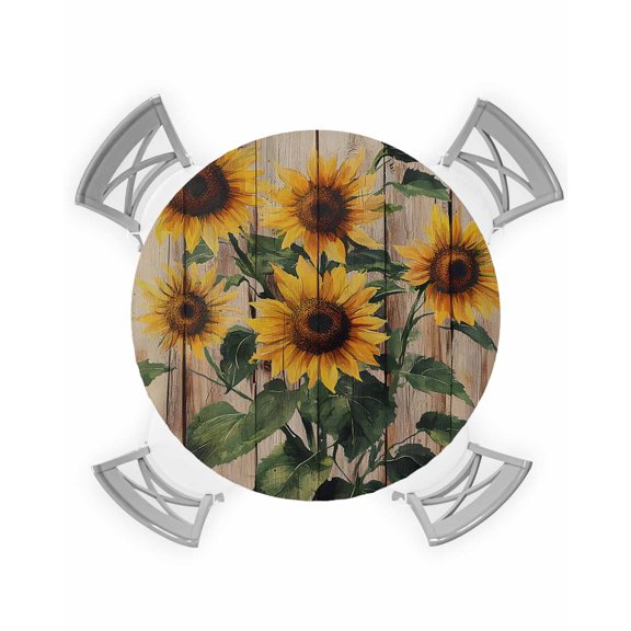 nqOlkjepod Wooden Sunflower Round Tablecloth, Fitted Table Cover with Elastic for 55"-60" Round Tables, Vintage Farmhouse Botanical Flowers Table Cloth Outdoor Dinning Party Waterproof Tablecloths