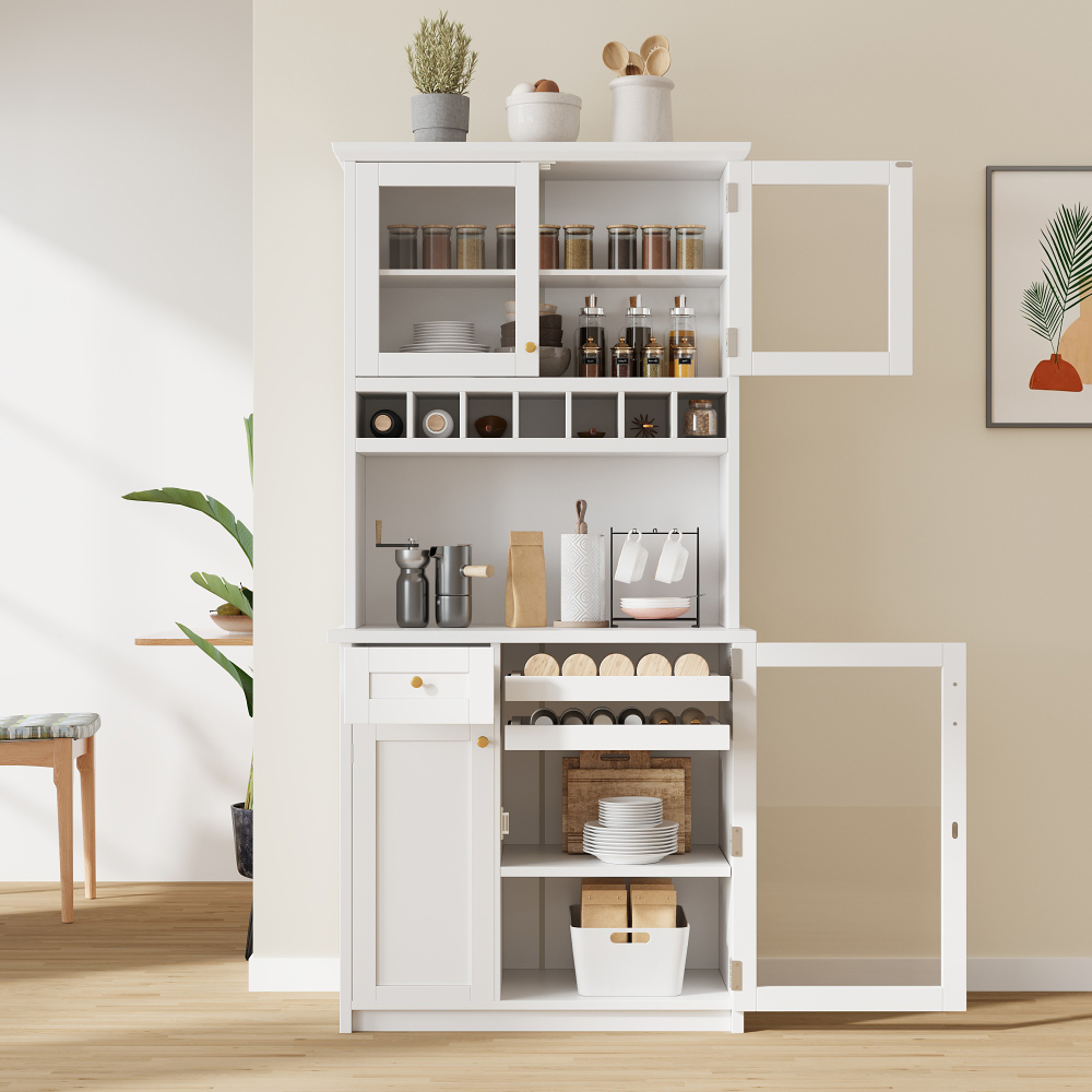 Farmhouse Freestanding Buffet with Hutch, Tall Kitchen Pantry Storage Cabinet with Wine Rack, Adjustable Shelves and Glass Doors for Dining Room, White