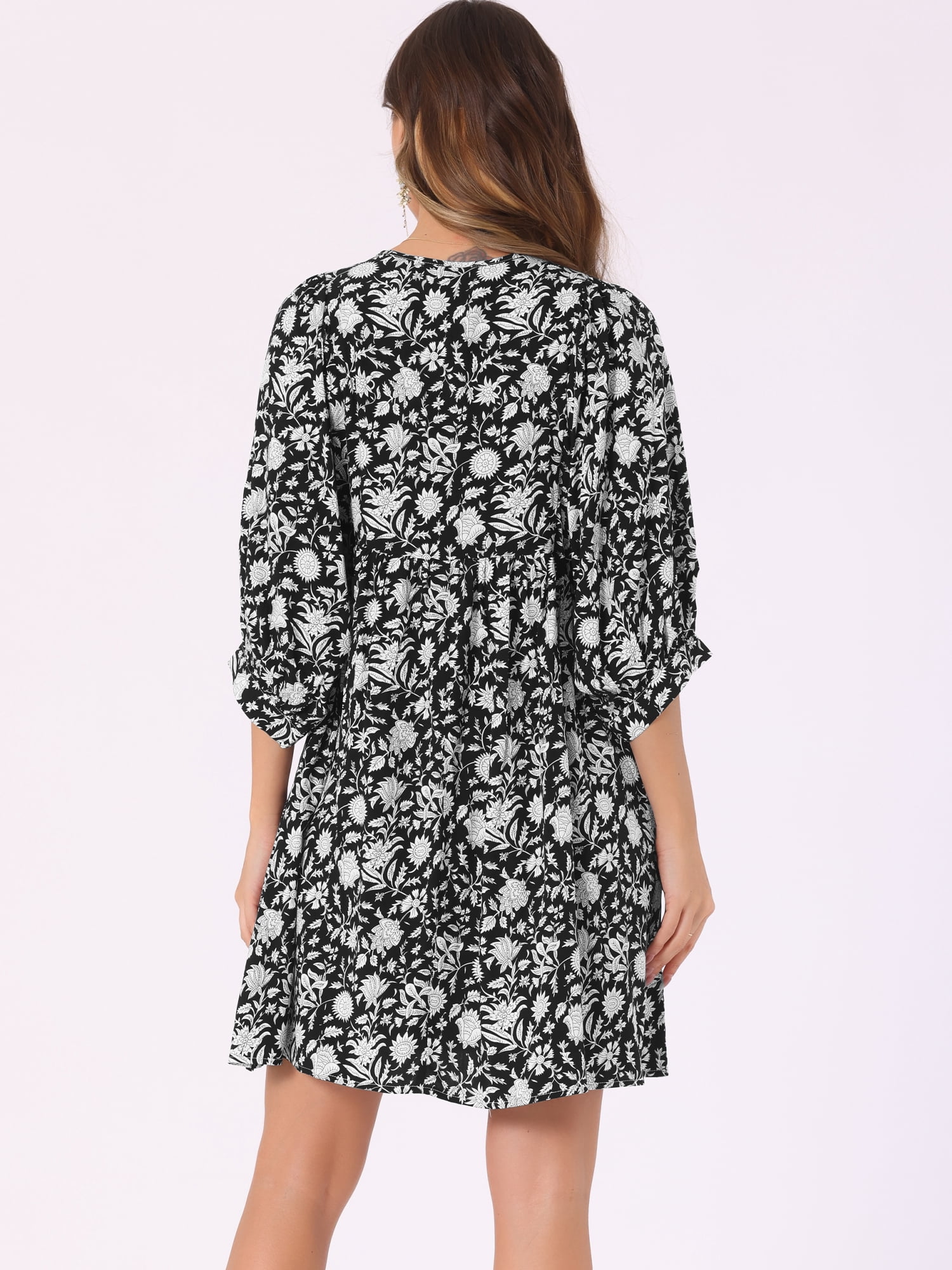 DARING DIVA Floral Summer 3/4 Sleeve Flare Mini Dress L Black