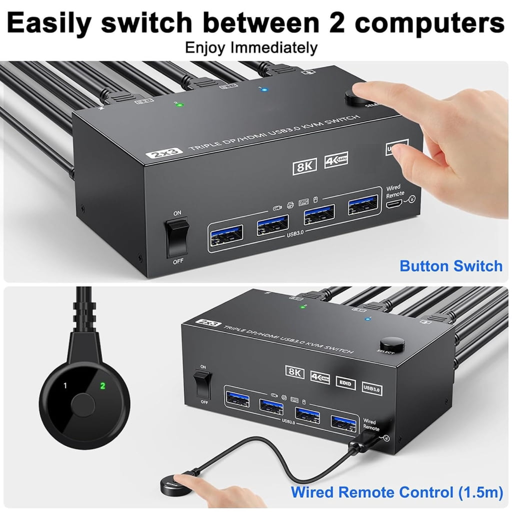 USB3.0 KVM Switchrt 8K@60Hz 4K@60Hz for 3 Monitors 2 Computers with 4 USB Port