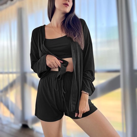 Aueoeo Women Pajamas Sets, Womens Pajama Sets 3 Piece Lounge Set Ribbed Cami Top and Shorts Pjs Set Soft Sleepwear with Robe Cardigan