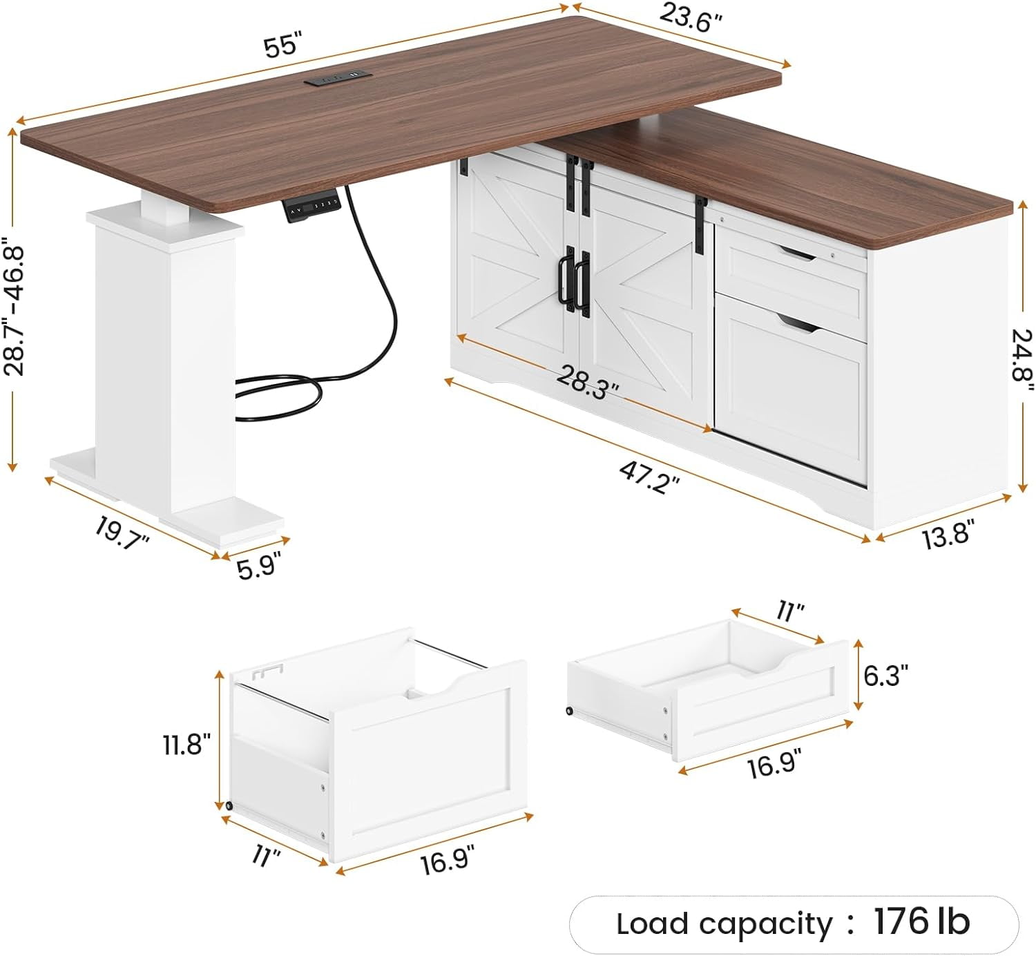 SEDETA Farmhouse L Shaped Standing Desk, 55 inch Height Adjustable Corner Desk with Storage Drawers, Standing Computer Desks with Power Outlets for Home Office, Elegant Computer Desk, White
