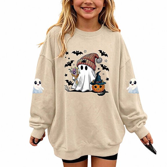 DJDLJWCJ Girls Halloween Fleece Sweatshirt Long Sleeve Crew Neck Oversized Graphic Pullover Kids Fall Casual Halloween Sweatshirts Khaki Size 13
