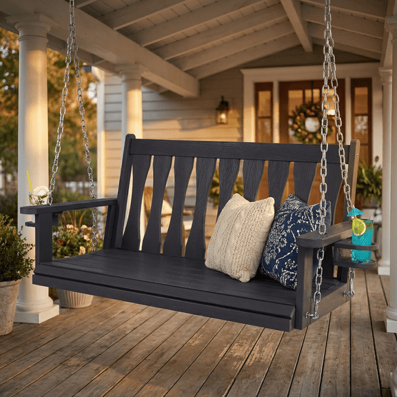 AwayHome 2-Seat HIPS All-Weather Outdoor Hanging Porch Swing with Cup Holders,Patio Swing Chair with Hanging Chains,Black