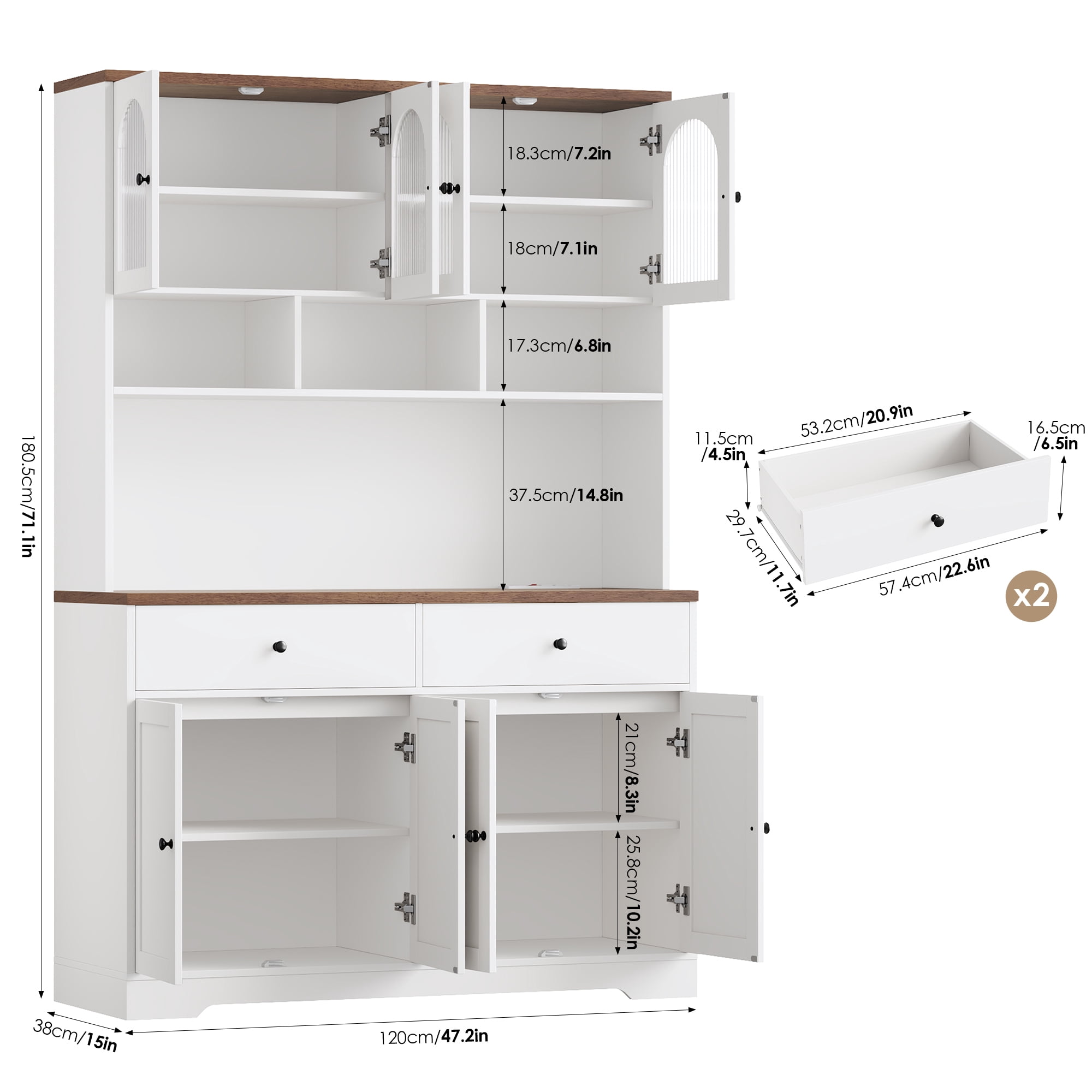 Hiphuta 71" Tall Kitchen Pantry Storage Cabinet with Glass Doors and Microwave Stand, Modern Buffet with Hutch and Charging Outlets, Coffee Bar Cabinet for Kitchen Dining Room, White