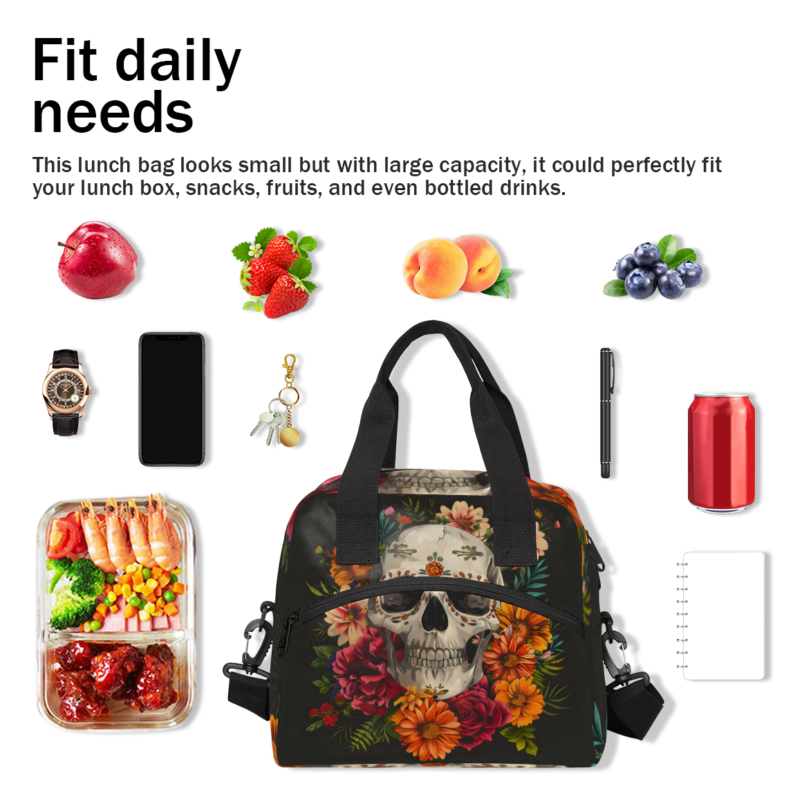 Herdesigns Sugar Flower Skull Floral Gothic Insulated Lunch Bag for Women Men Adults Large Reusable Lunch Box Leakproof Portable Cooler Tote Bags with Adjustable Shoulder Strap