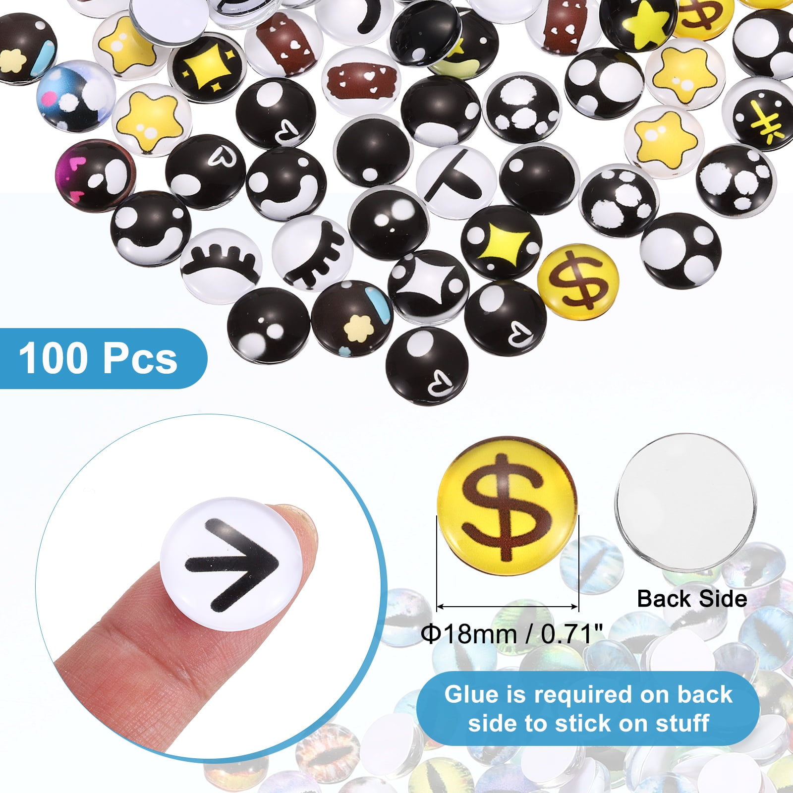 Uxcell 100 Pcs Glass Safety Eyes, 18mm Cabochon Crochet Safety Kawaii Doll Craft Eye for Clay Crochet Animals Handicrafts DIY Jewelry Projects, Blue/Black/White/Yellow/Red (212#)