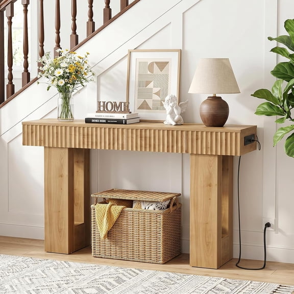 Homieasy 47'' Fluted Console Table with 2 Drawers, Narrow Entryway Table with Charging Station for Entryway, Foyer, Nature Oak