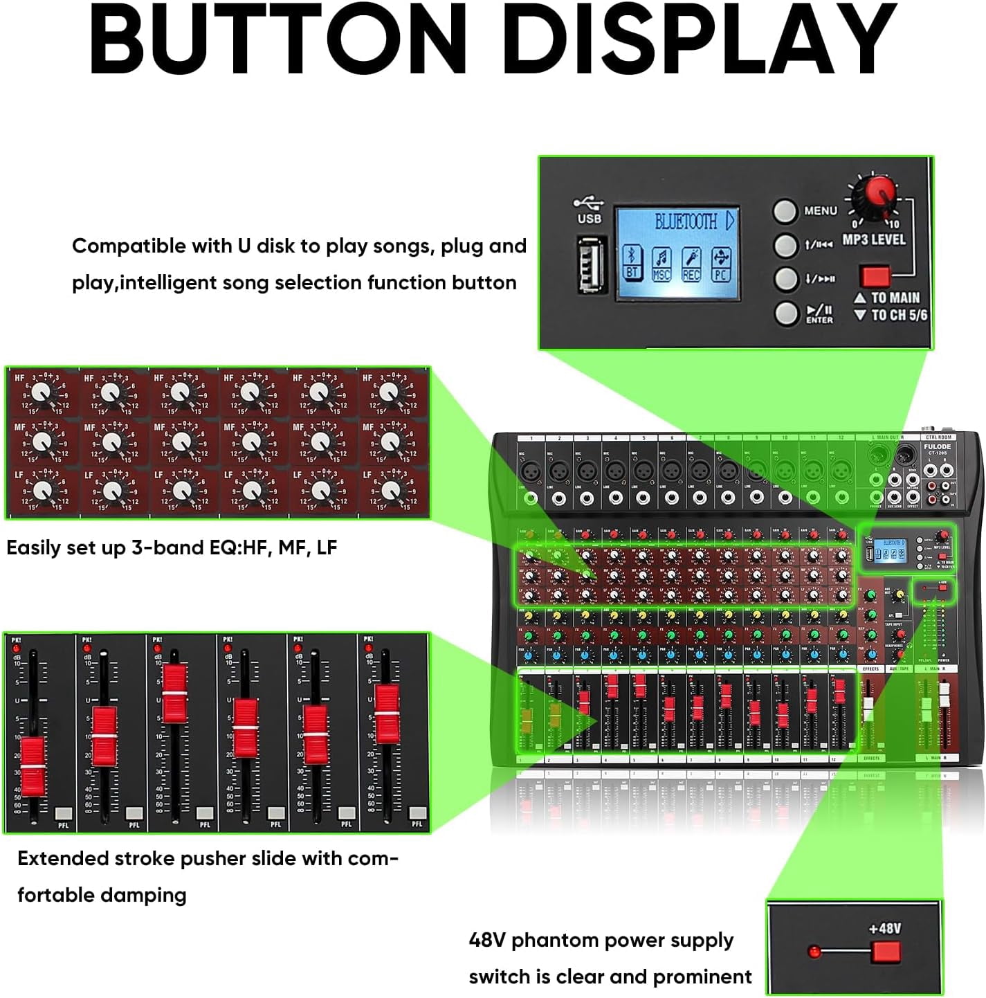 12 Channel Mixer Audio Console, Professional Music Mixer DJ Mixing Board with Reverb Bluetooth MP3 Player 48V Phantom Power Supply USB Recording for Studio Karaoke Live Performance