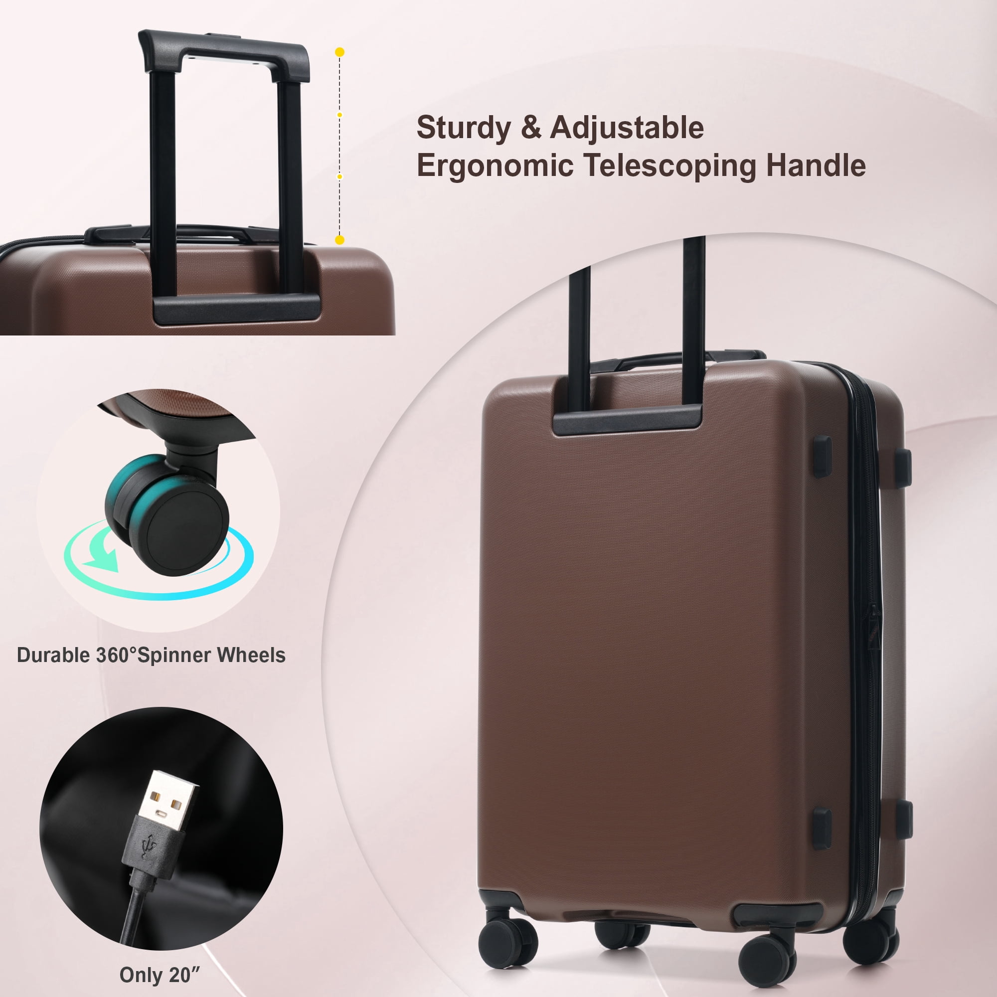 Euroco 5 Piece Front Opening Luggage Sets, Hardside Expandable Carry On Suitcase Set with USB Port,TSA Locks, Spinner Wheels and 2 Bags,Lightweight Travel Luggage for Men Women(20"/24"/28"),Brown