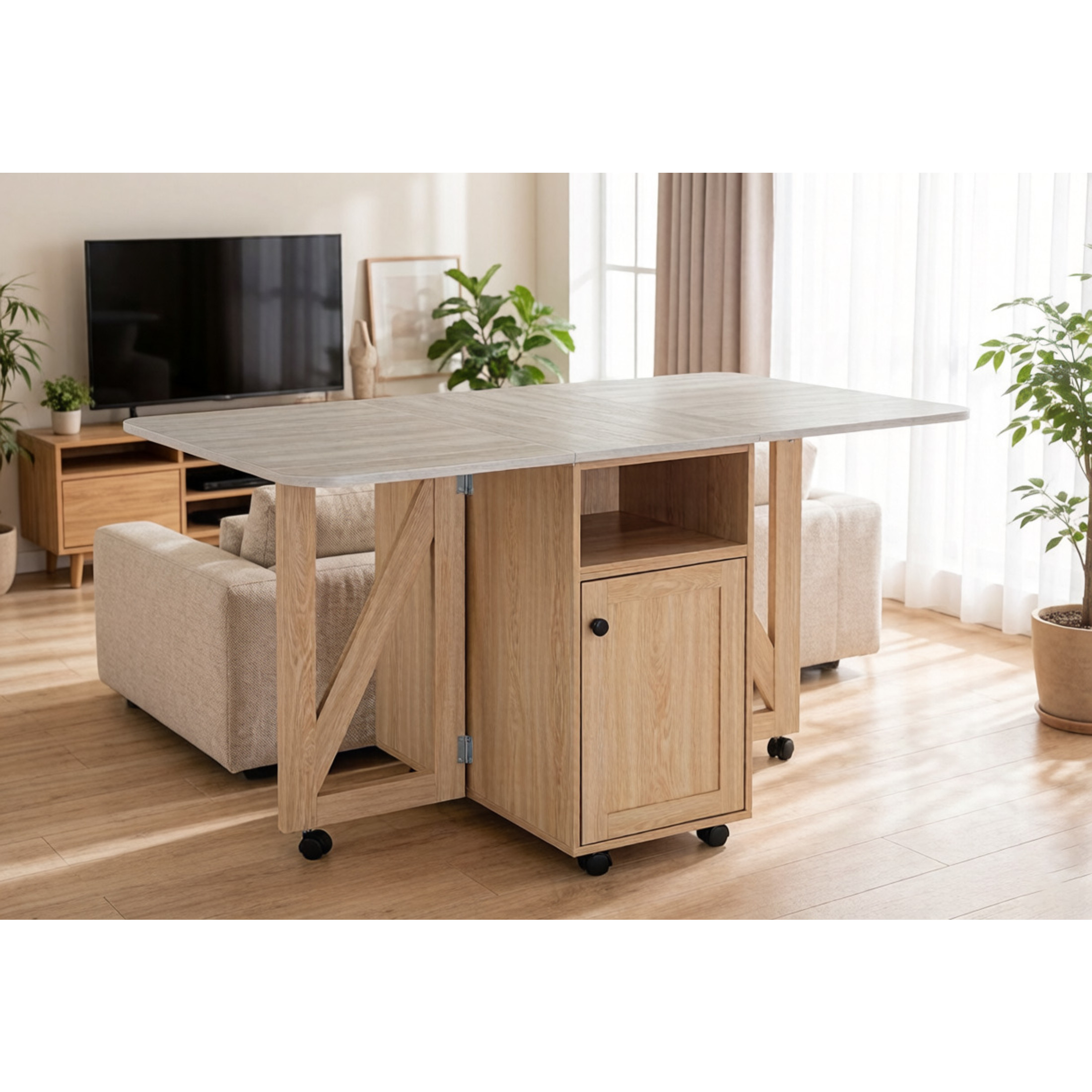 GDF Studio 50.8" Foldable Drop Leaf Dining Table with Rolling Storage Cabinet, Light Oak+Slate