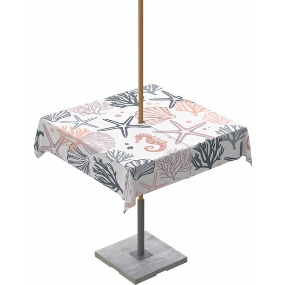 nqOlkjepod Coastal Ocean Outdoor Tablecloth with Umbrella Hole & Zipper, Green Pink Coral Starfish Seahorse Shell Square Table Cover 60x60 Inch, Dining Waterproof Table Cloth Protector for Patio