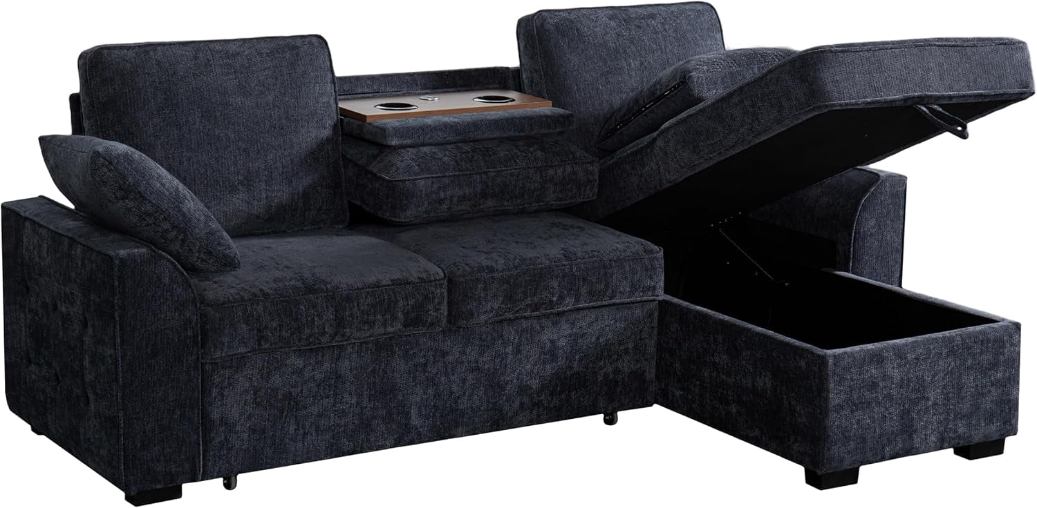 Howcool Sectional Sleeper Sofa,L Shaped Chenille Convertible Sofa Bed 85.5" 3 Seater with Flip-Down Center Console,Pull Out Couch for Living Room Apartment Office,Dark Blue