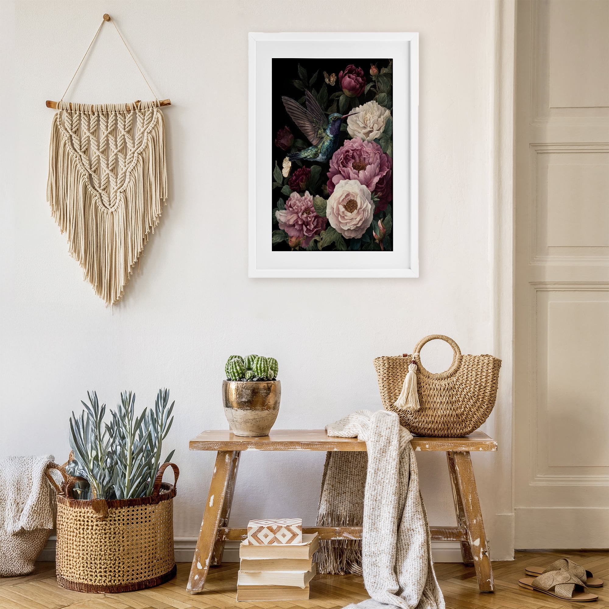 Stupell Industries Hummingbird & Lush Peonies White Framed Print Under Glass, design by The Wands Want