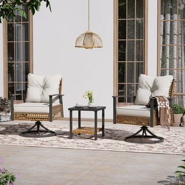 LAUSAINT HOME 3 Pieces Patio Outdoor Furniture Set with 2-Tier Coffee Table, PE Wicker Swivel & Rocking Chairs with Beige Cushions