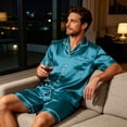 thumbnail image 7 of Garbnen Silk Mens Pajama Set 2 Piece Short Sleeve Button Down Sleepwear Pjs Shorts Set Soft Mens Loungewear Pajama Sets Blue M, 7 of 7