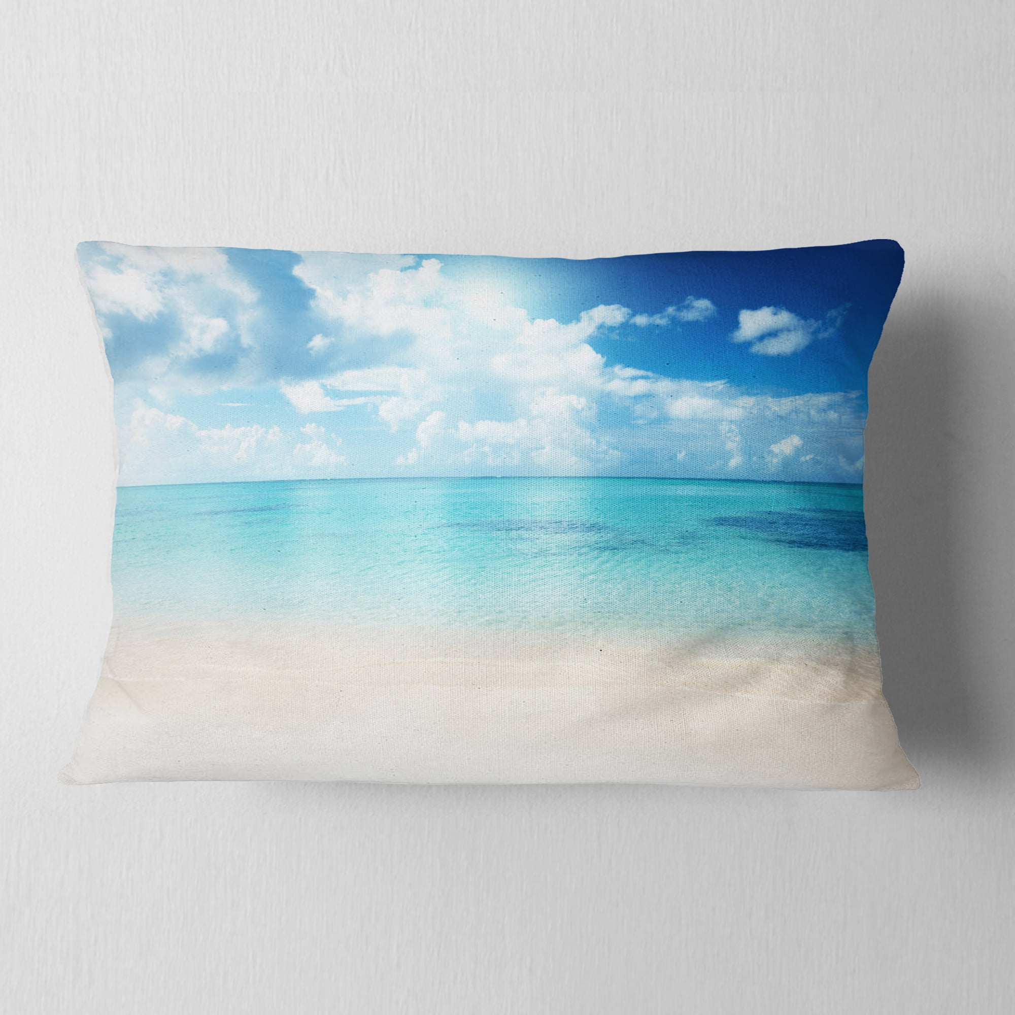 Designart Sand of Beach in Blue Caribbean Sea - Modern Seascape Throw Pillow - 12x20
