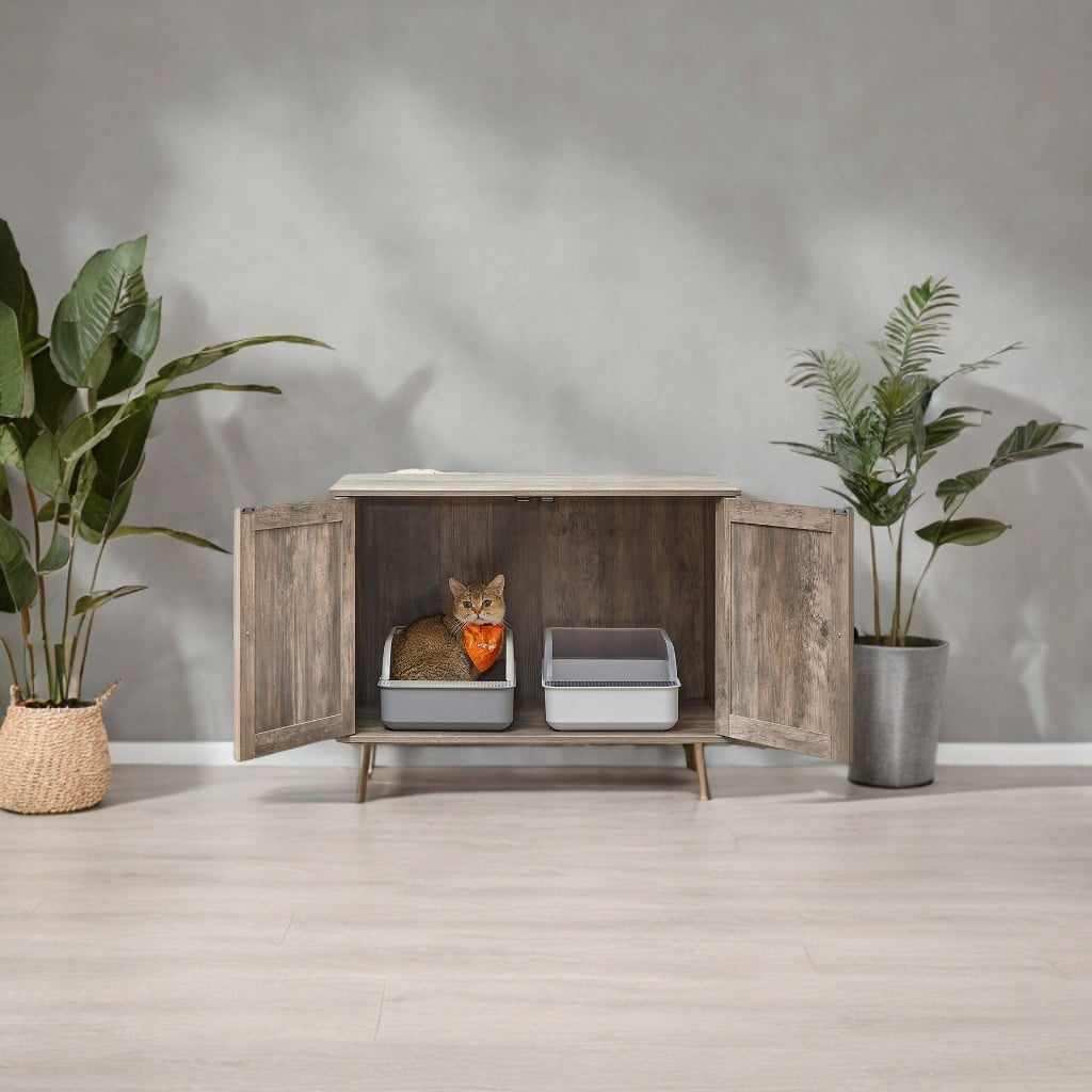 Heather Greige Cat Litter Box Enclosure. Doubles as indoor cat house & end table. Hidden design, sized 27.6 x 19.7 x 19.7 inches.