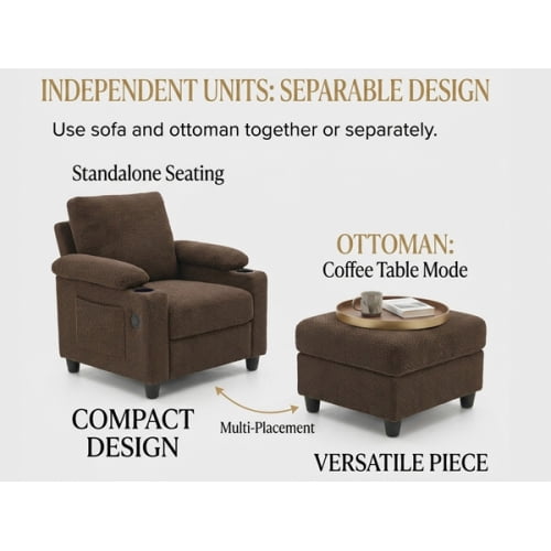 Accent Chair and Storage Ottoman Set, Convertible Single Chaise Lounge Sleeper Bed with Reclining Backrest, Dual Cup Holders, USB-C Ports, Side Storage Pocket, Coffee