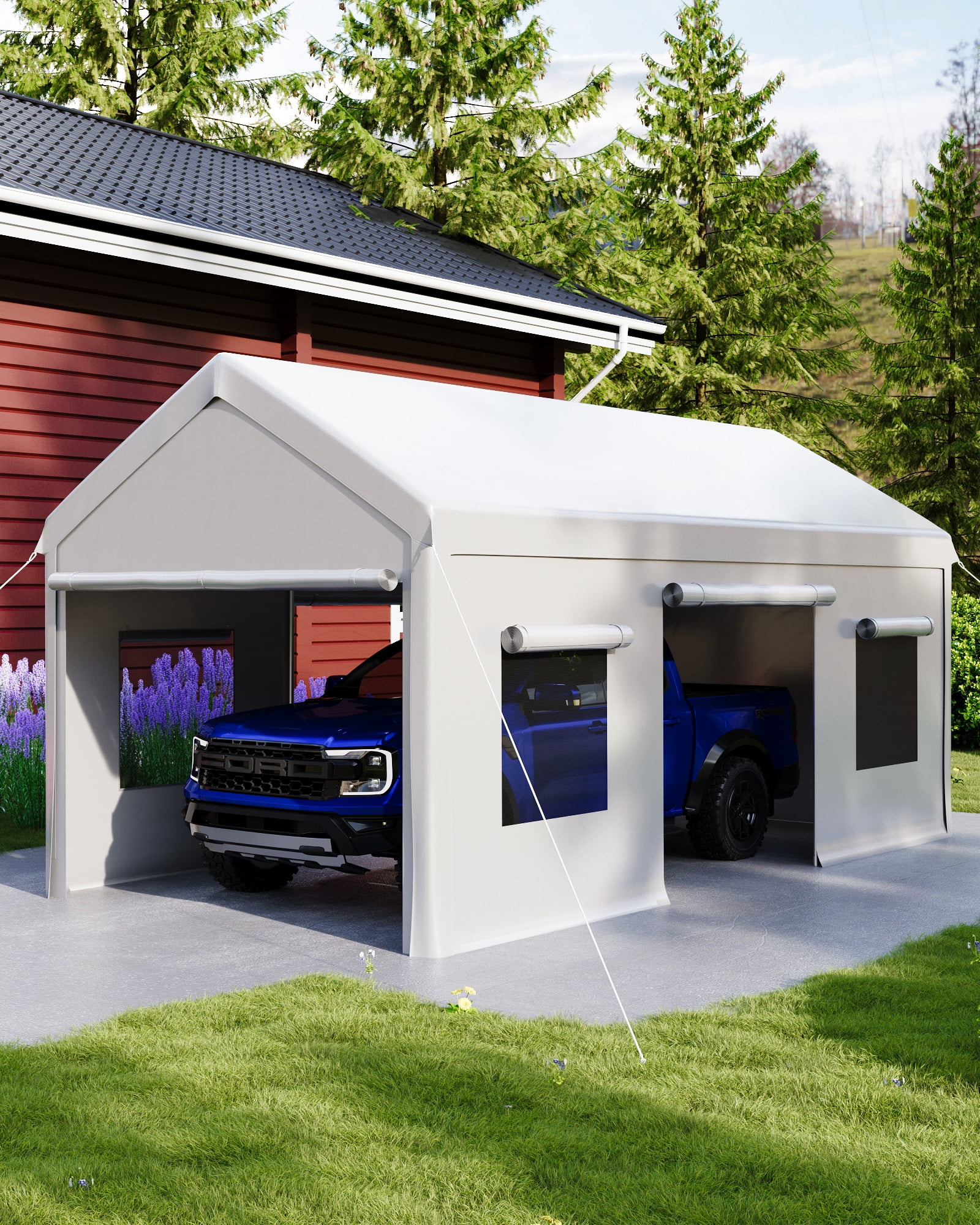 Kicctian 10x20 FT Carport, Portable Outdoor Garage, Waterproof UV-Resistant PE Canopy, with Roll-Up Doors & 4 Mesh Windows, Ideal for Car, Truck, Boat, White