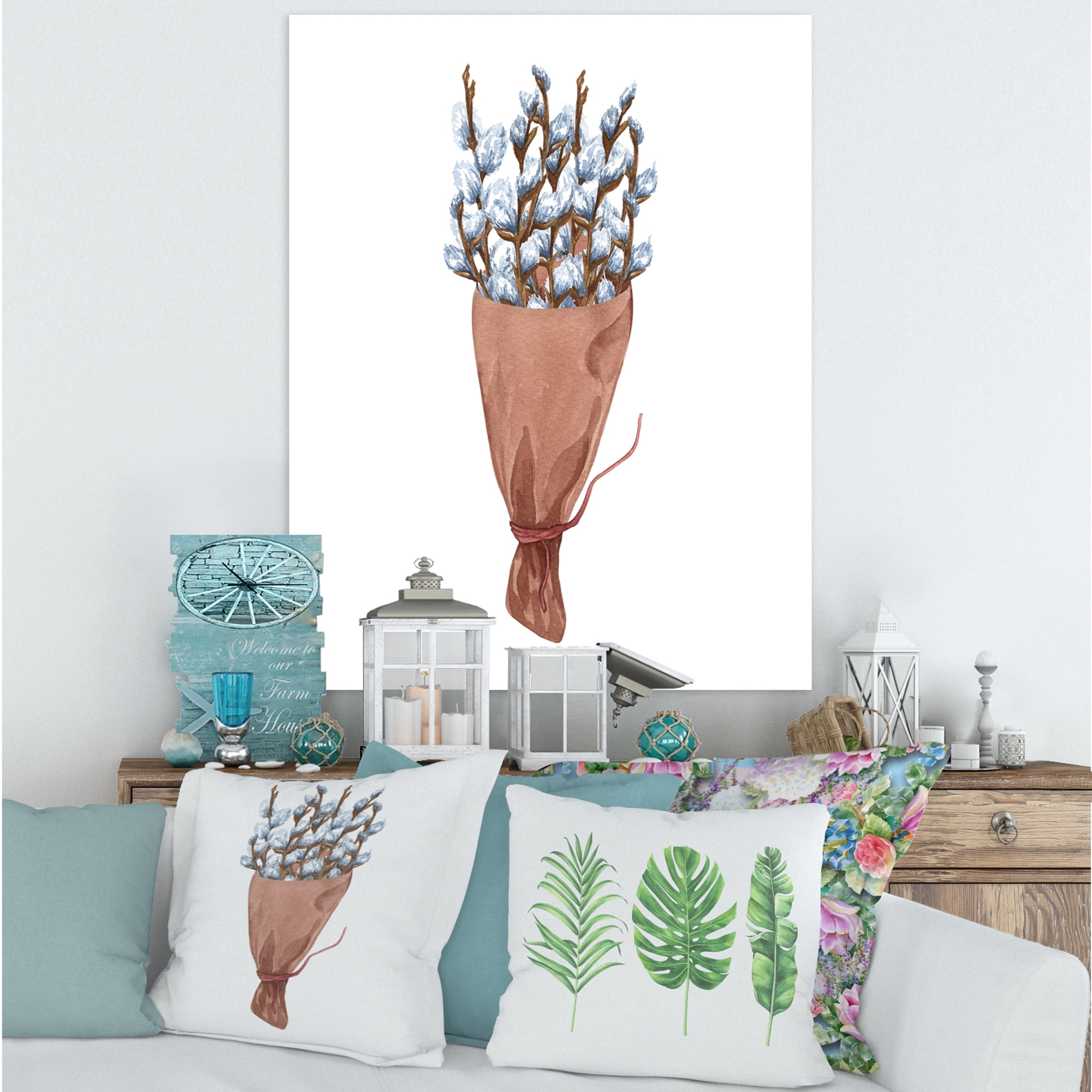 Designart ' Bunch of White Pussy Willow Twigs I ' Farmhouse Canvas Wall Art Print